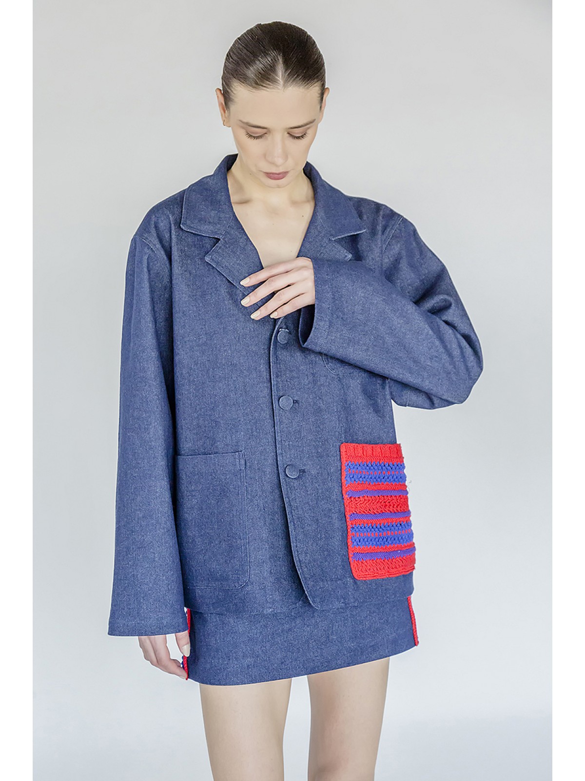 Denim jacket with knitted pocket 